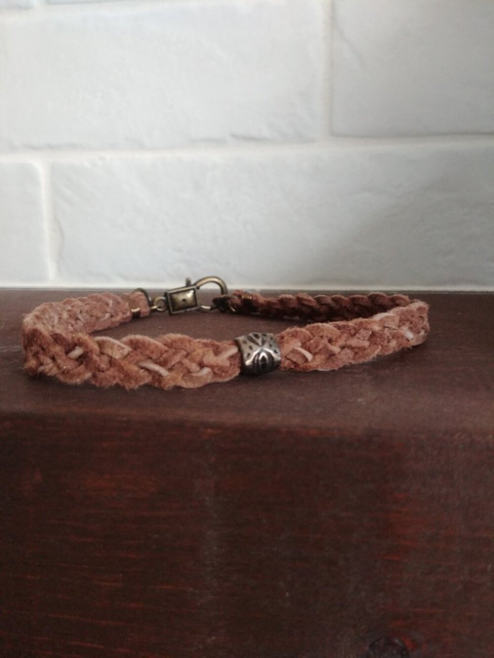 Brown soft weathered braided leather choker style necklace with statement clasp
